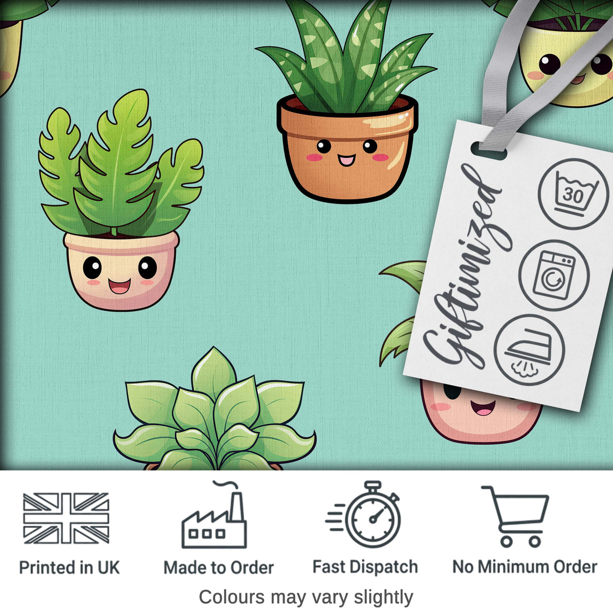 Cute Kawaii Indoor Plants Mint Background Seamless Pattern Digital Print Fabric by the Metre UK Sewing Quilting Textile