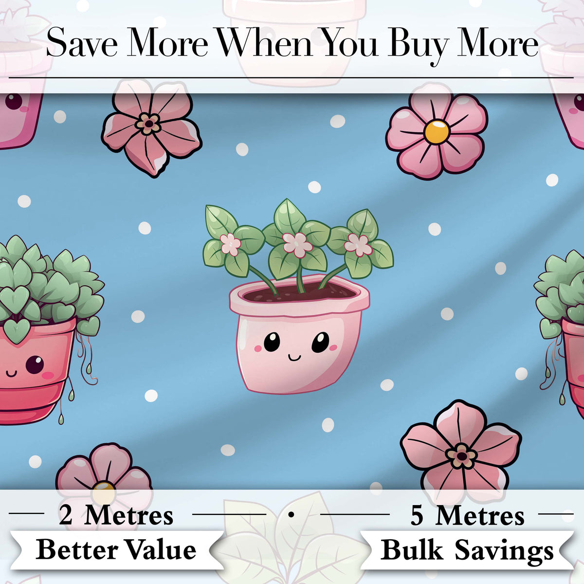 Cute Kawaii Floral Plants Blue Background Seamless Pattern Digital Print Fabric by the Metre UK Sewing Quilting Textile