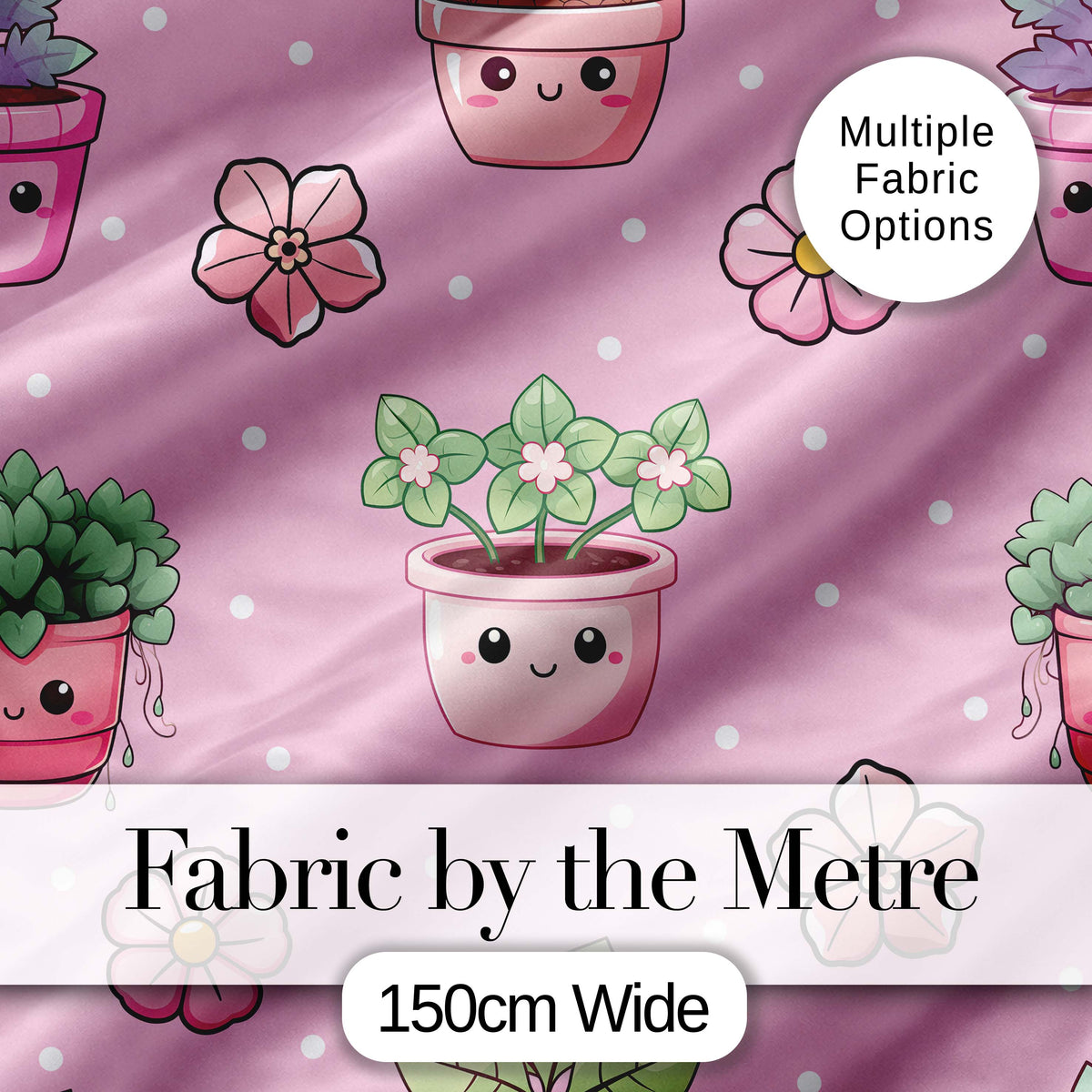 Cute Kawaii Floral Plants Blush Pink Background Seamless Pattern Digital Print Fabric by the Metre UK Sewing Quilting Textile
