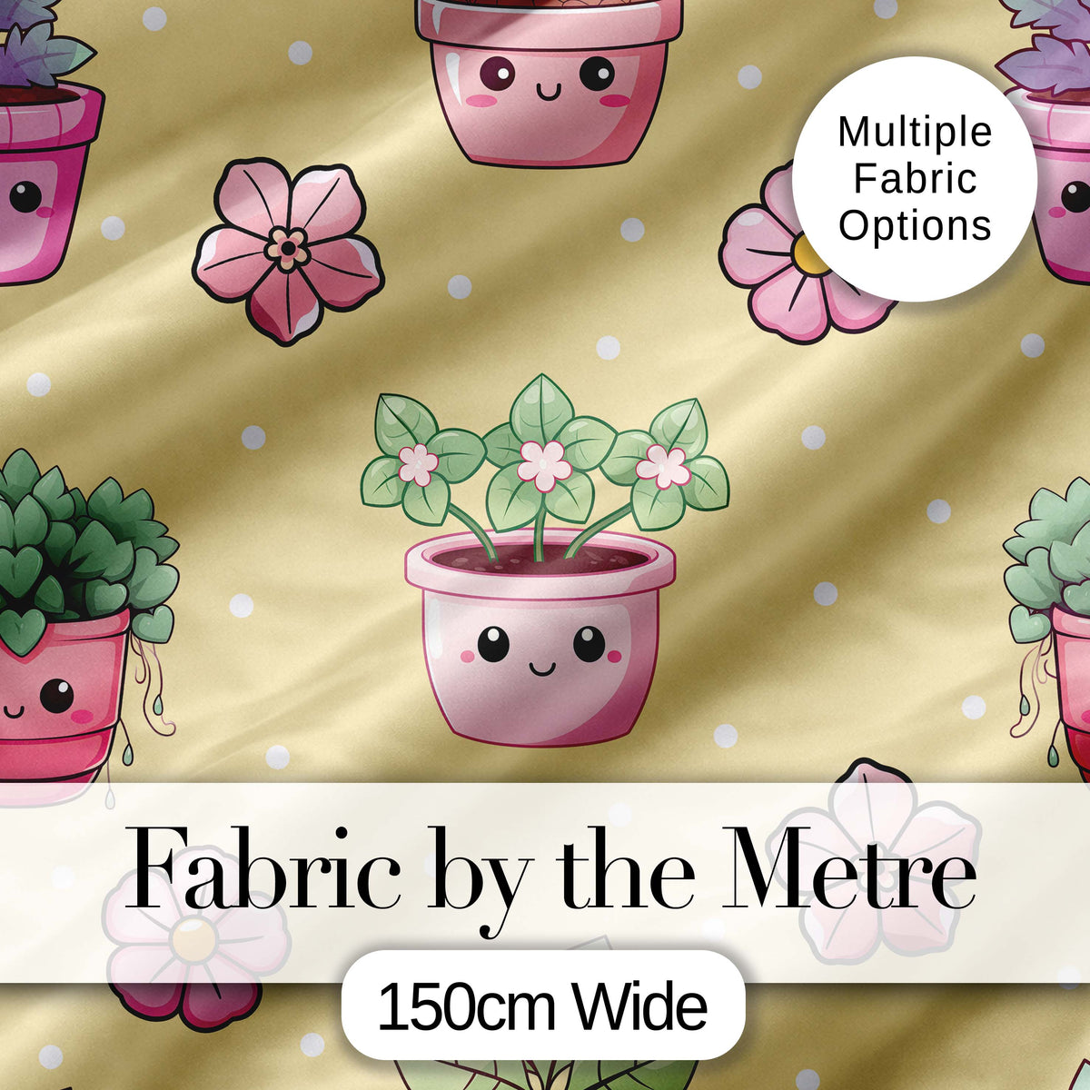 Cute Kawaii Floral Plants Yellow Background Seamless Pattern Digital Print Fabric by the Metre UK Sewing Quilting Textile
