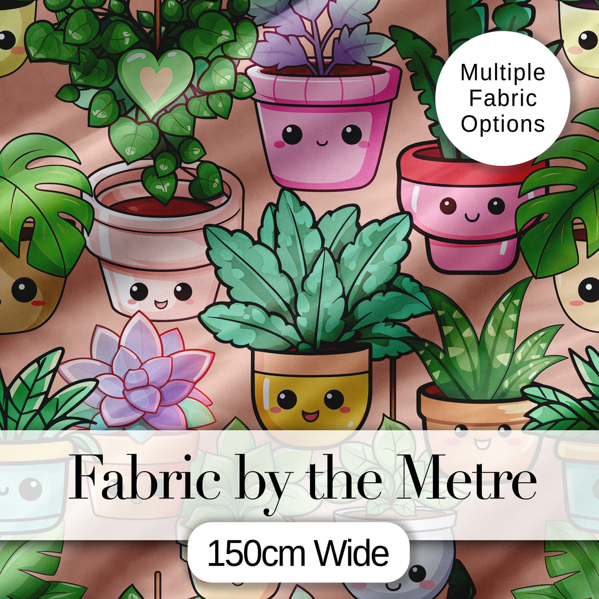 Cute Kawaii Indoor Plants Beige Background Seamless Pattern Digital Print Fabric by the Metre UK Sewing Quilting Textile