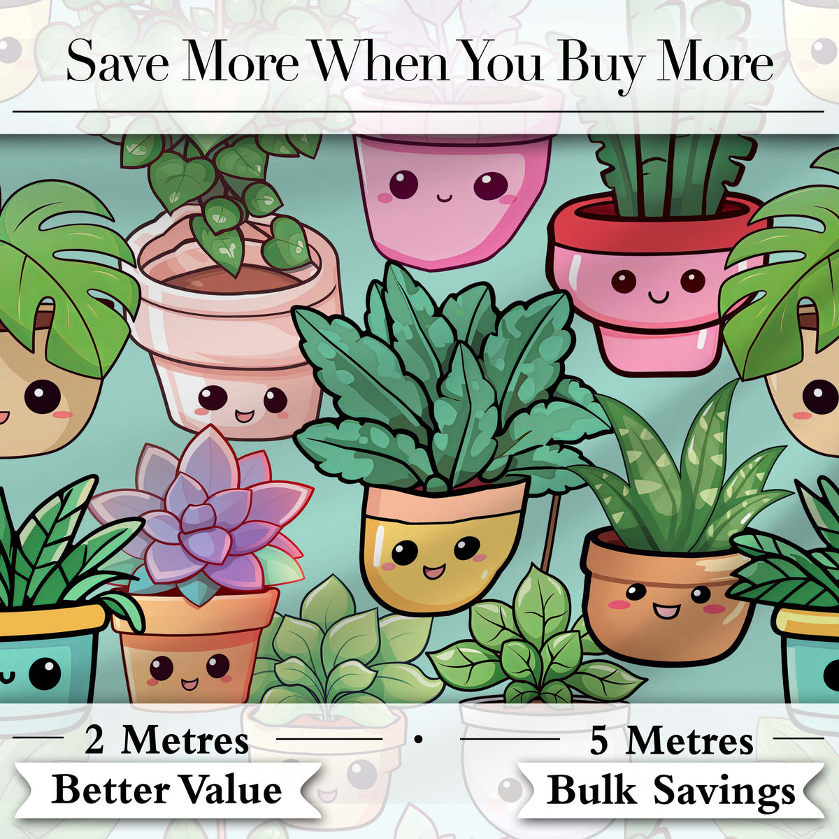 Cute Kawaii Indoor Plants Mint Background Seamless Pattern Digital Print Fabric by the Metre UK Sewing Quilting Textile