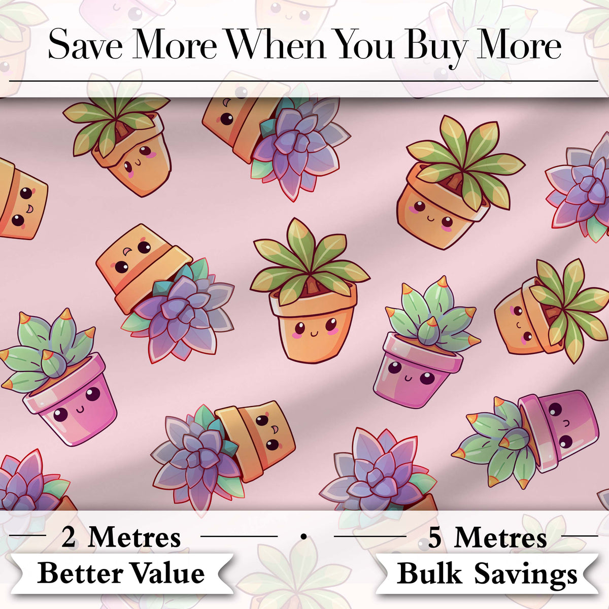 Cute Kawaii Succulent Plants Dusty Pink Background Seamless Pattern Digital Print Fabric by the Metre UK Sewing Quilting Textile