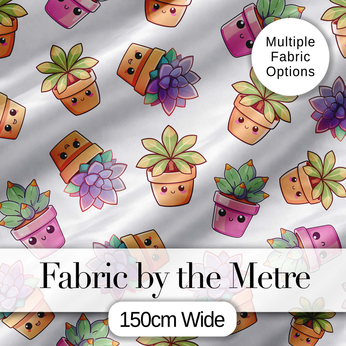 Cute Kawaii Succulent Plants Light Grey Background Seamless Pattern Digital Print Fabric by the Metre UK Sewing Quilting Textile