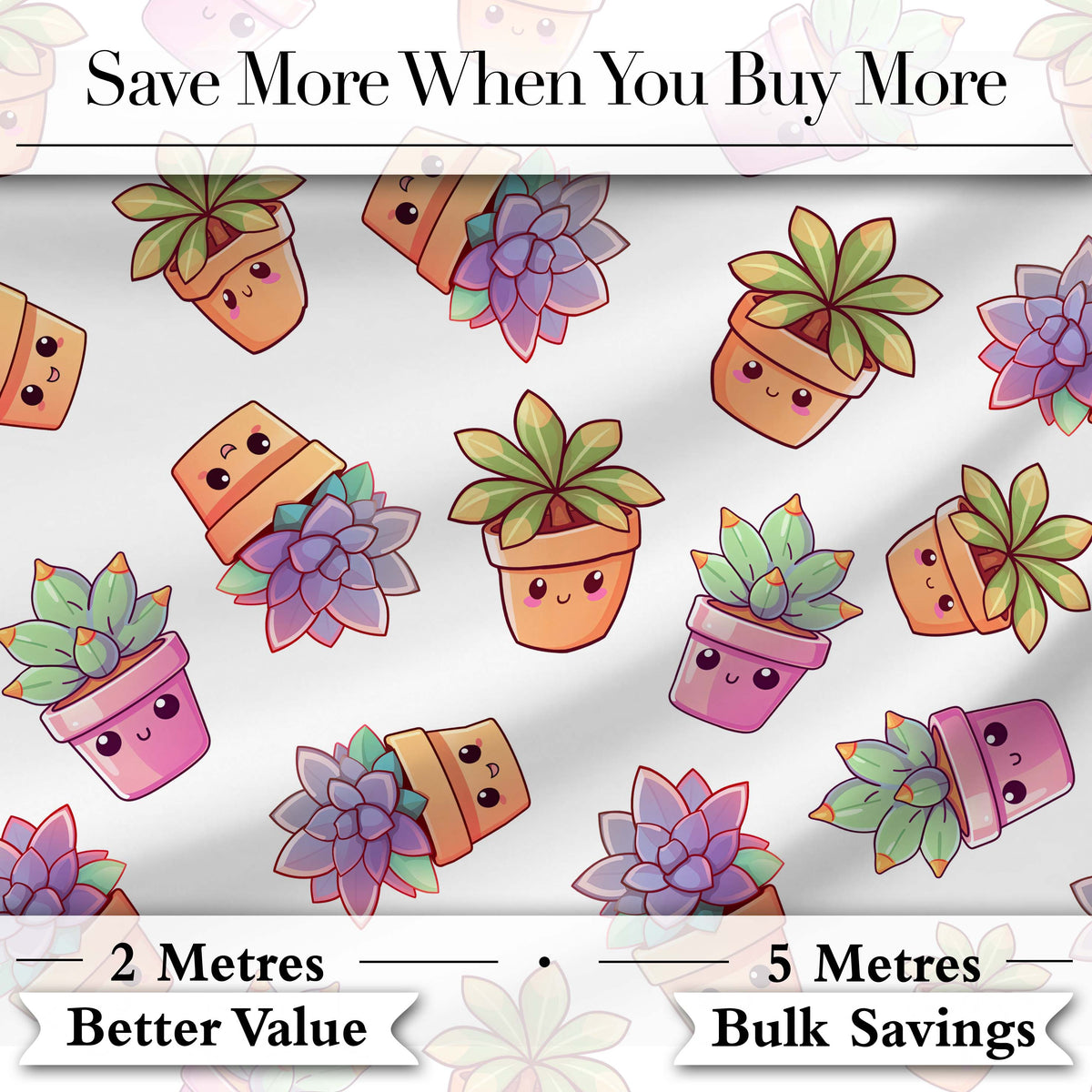 Cute Kawaii Succulent Plants Light Grey Background Seamless Pattern Digital Print Fabric by the Metre UK Sewing Quilting Textile