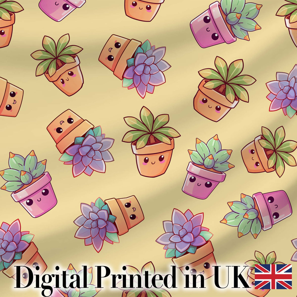 Cute Kawaii Succulent Plants Warm Beige Background Seamless Pattern Digital Print Fabric by the Metre UK Sewing Quilting Textile