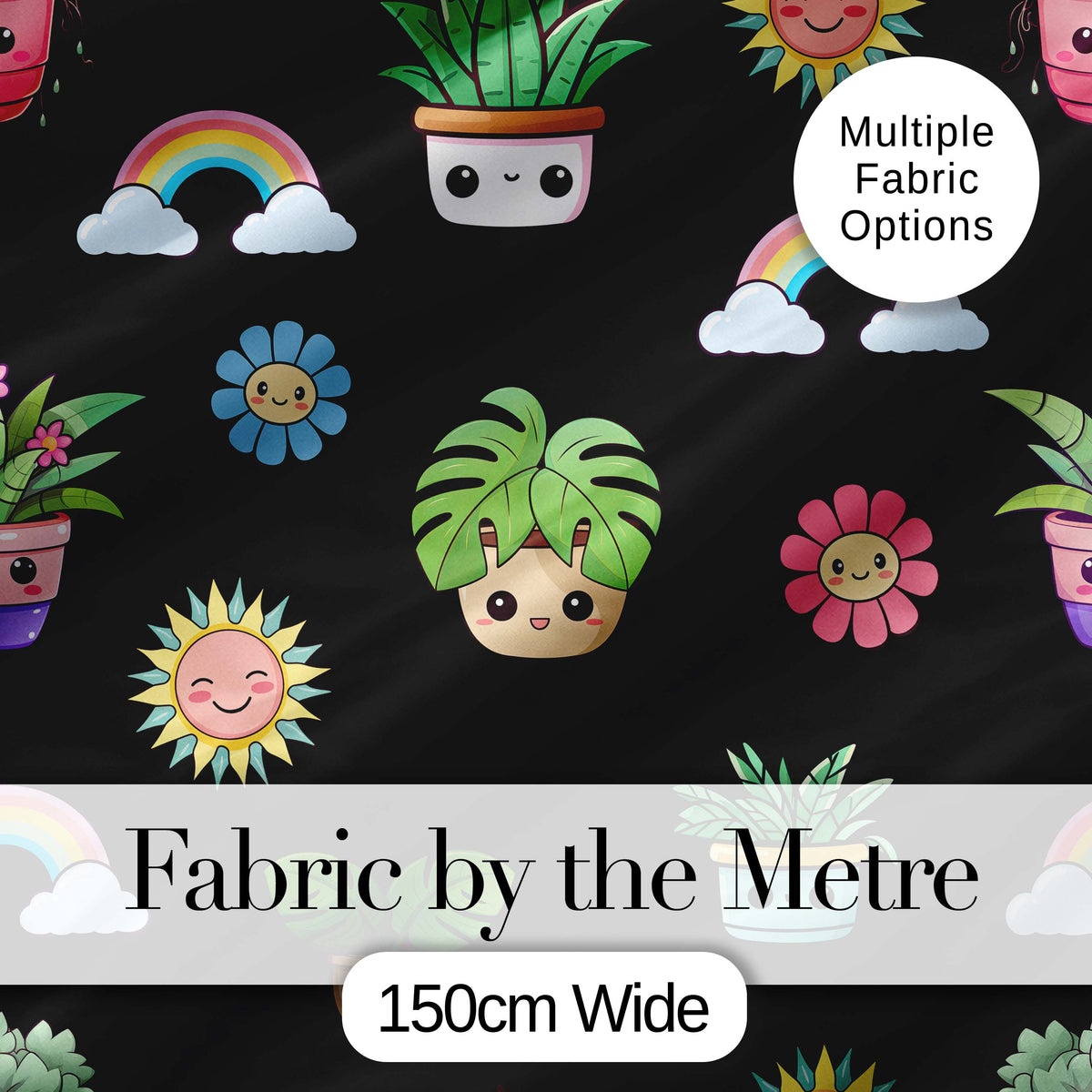 Cute Kawaii Plants Rainbows Smiling Sun Black Background Seamless Pattern Digital Print Fabric by the Metre UK Sewing Quilting Textile