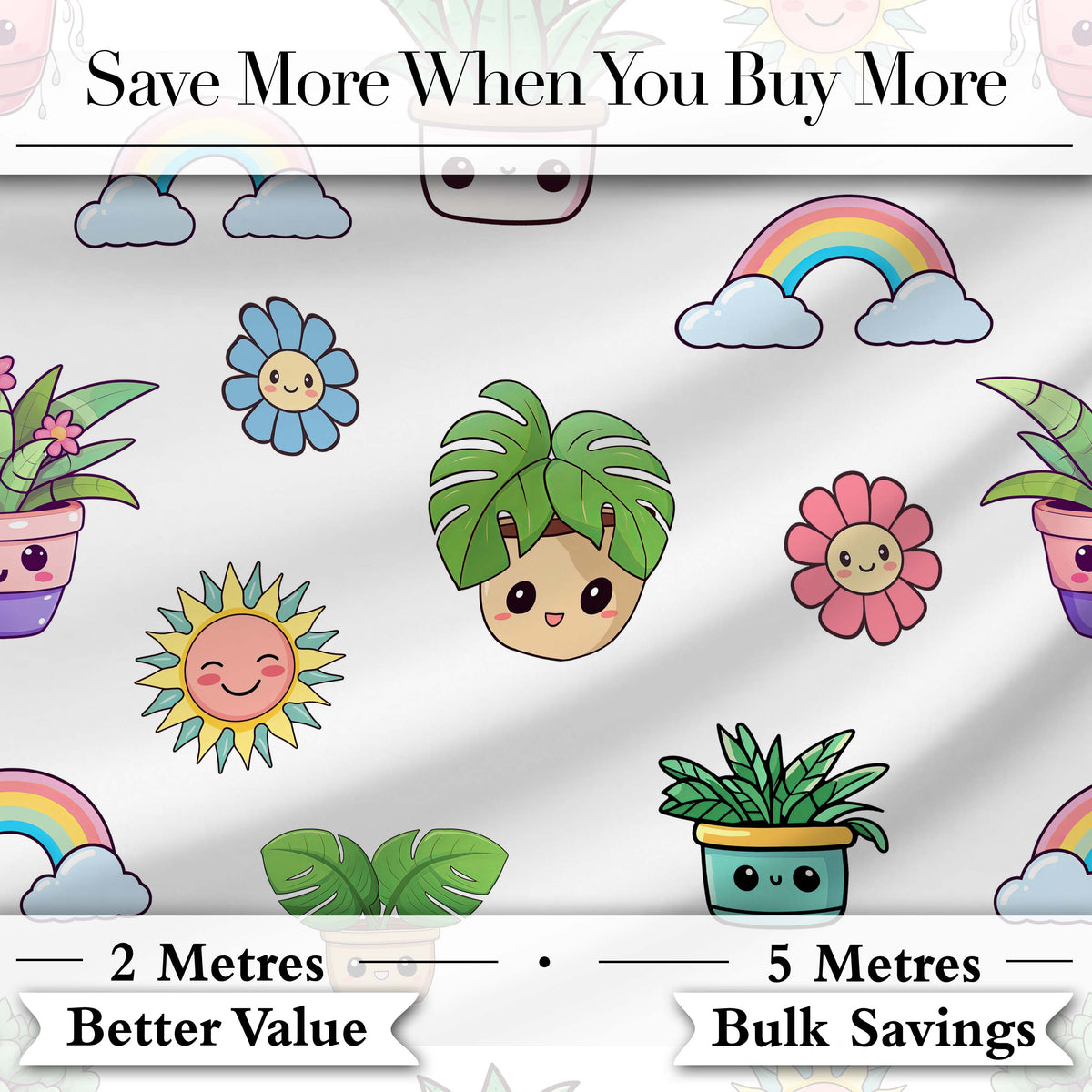 Cute Kawaii Plants Rainbows Smiling Sun Light Grey Background Seamless Pattern Digital Print Fabric by the Metre UK Sewing Quilting Textile