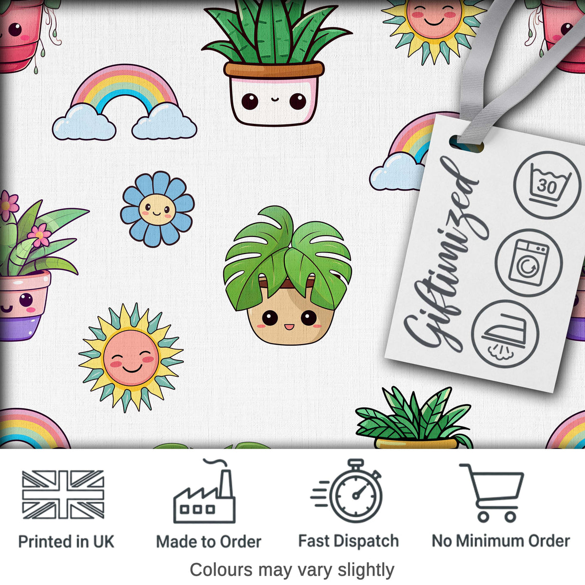 Cute Kawaii Plants Rainbows Smiling Sun Light Grey Background Seamless Pattern Digital Print Fabric by the Metre UK Sewing Quilting Textile