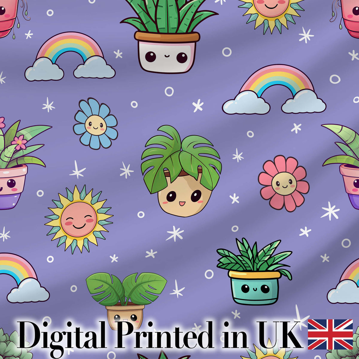 Cute Kawaii Plants Rainbows Smiling Sun Purple Background Seamless Pattern Digital Print Fabric by the Metre UK Sewing Quilting Textile