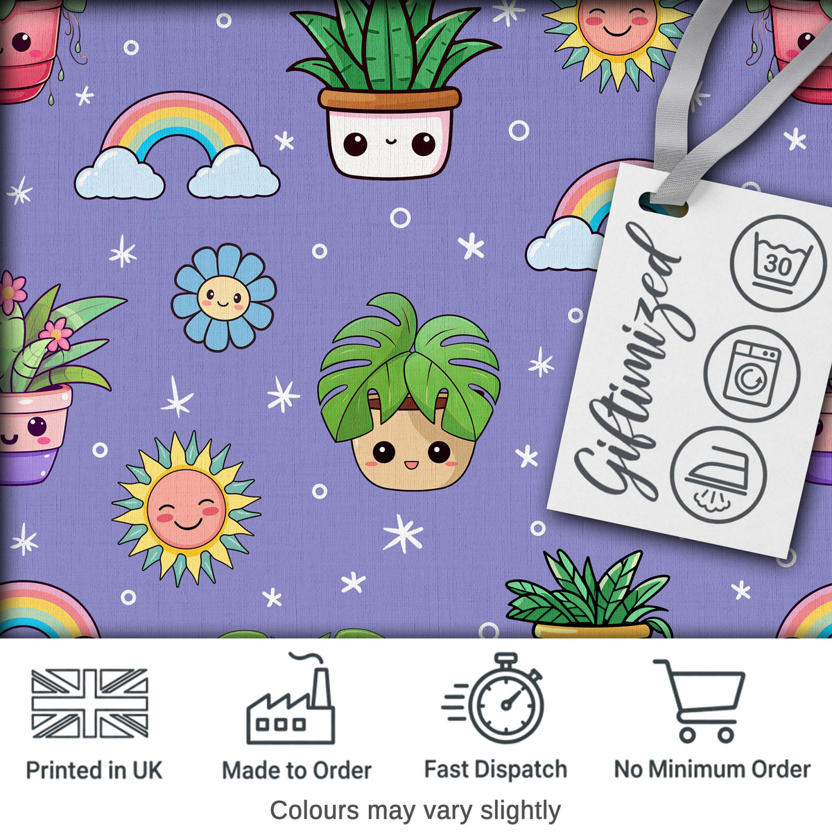 Cute Kawaii Plants Rainbows Smiling Sun Purple Background Seamless Pattern Digital Print Fabric by the Metre UK Sewing Quilting Textile