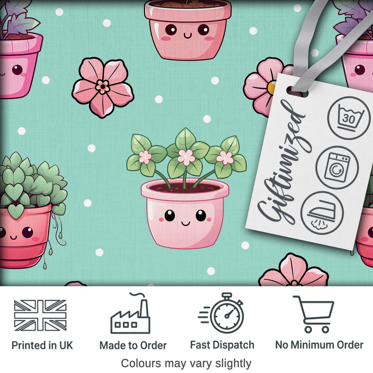 Cute Kawaii Flower Pots Blossom Mint Background Seamless Pattern Digital Print Fabric by the Metre UK Sewing Quilting Textile