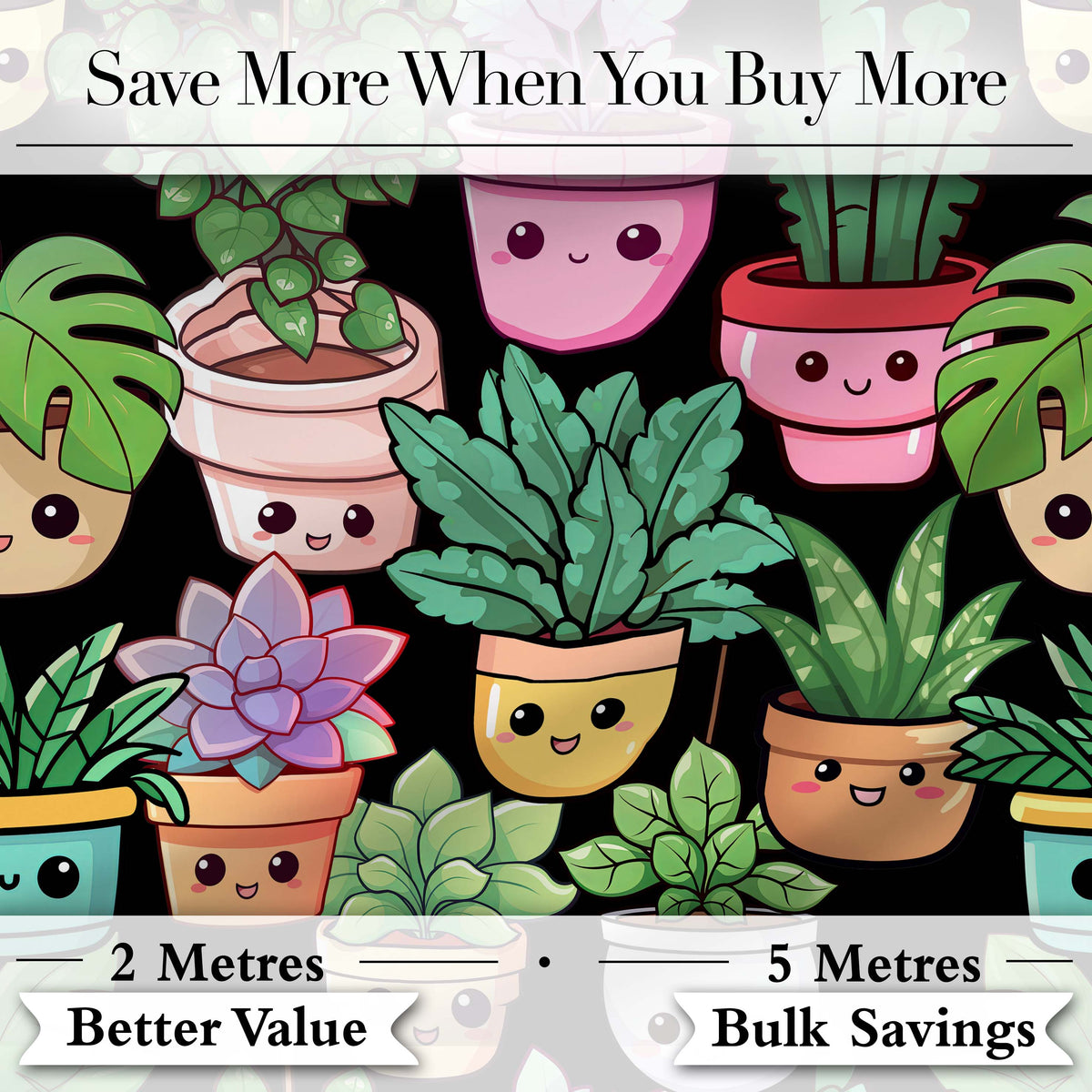 Cute Kawaii Indoor House Plants Black Background Seamless Pattern Digital Print Fabric by the Metre UK Sewing Quilting Textile