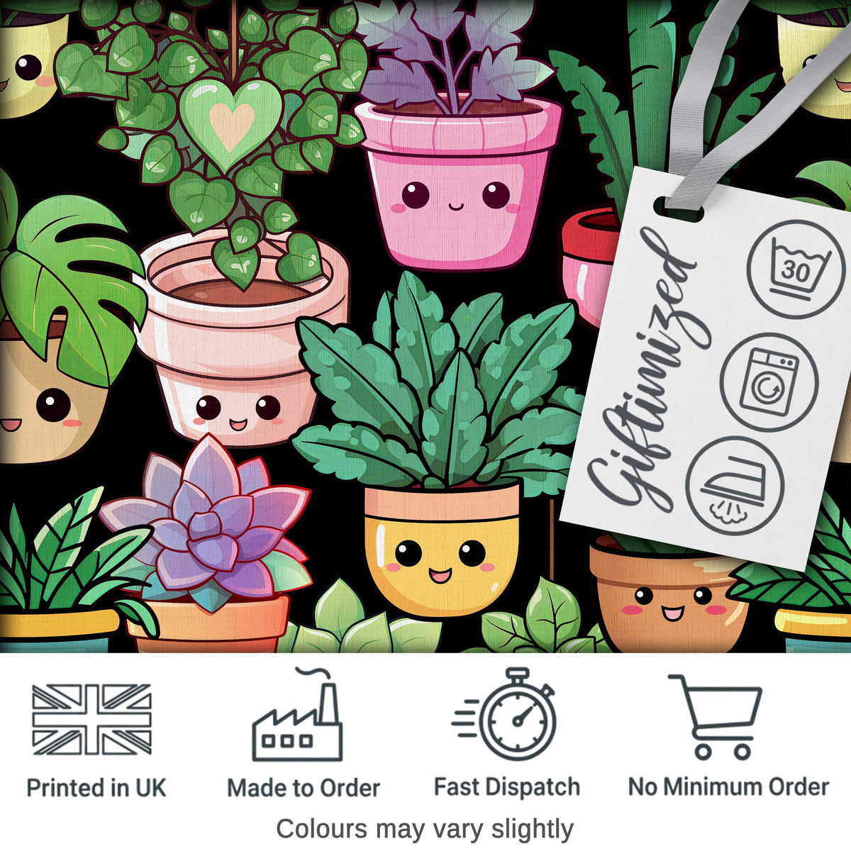 Cute Kawaii Indoor House Plants Black Background Seamless Pattern Digital Print Fabric by the Metre UK Sewing Quilting Textile