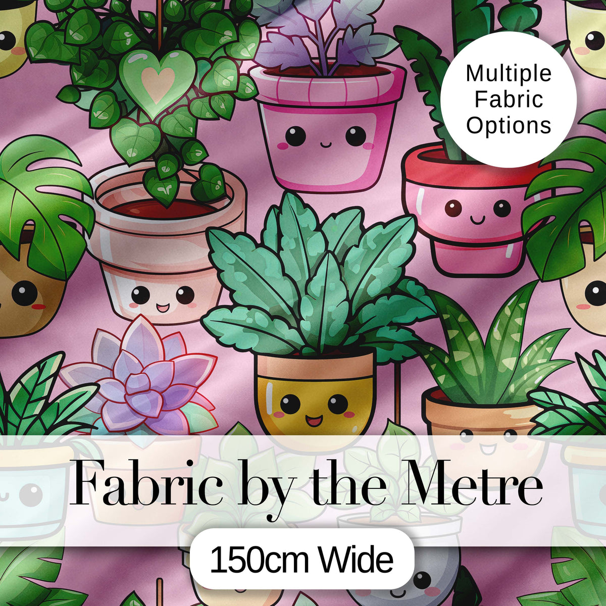 Cute Kawaii Indoor House Plants Pink Background Seamless Pattern Digital Print Fabric by the Metre UK Sewing Quilting Textile