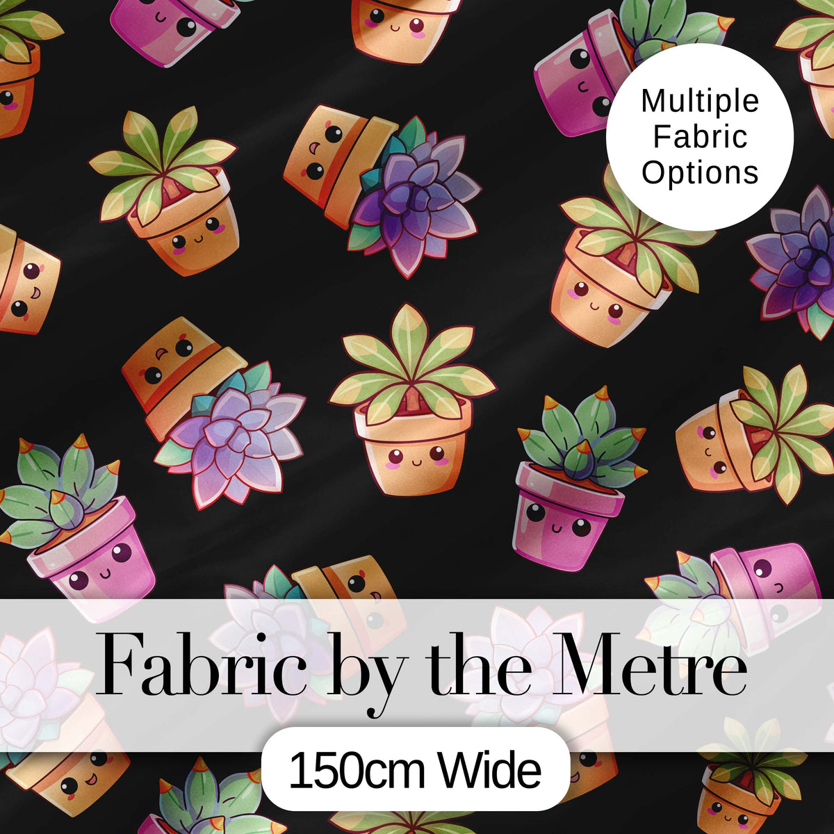 Cute Kawaii Succulent Plant Pots Black Background Seamless Pattern Digital Print Fabric by the Metre UK Sewing Quilting Textile