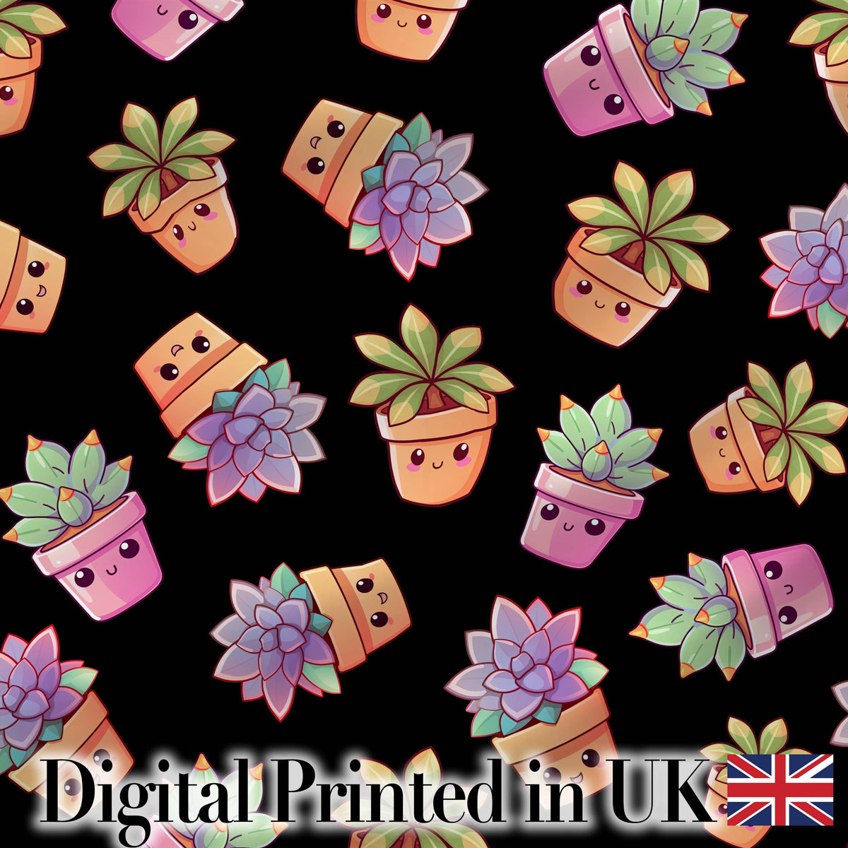 Cute Kawaii Succulent Plant Pots Black Background Seamless Pattern Digital Print Fabric by the Metre UK Sewing Quilting Textile