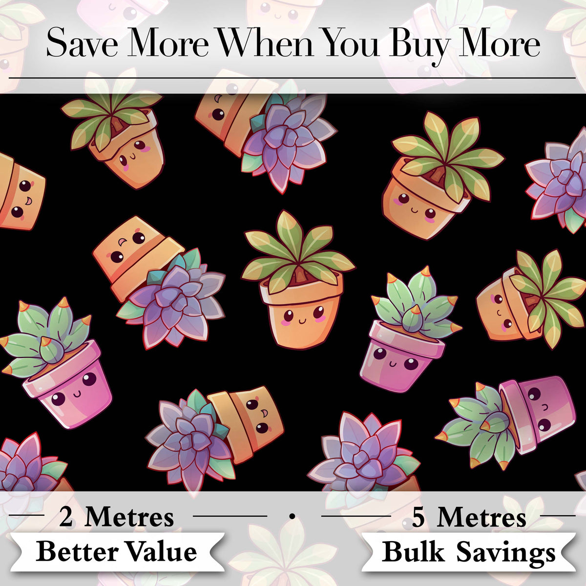 Cute Kawaii Succulent Plant Pots Black Background Seamless Pattern Digital Print Fabric by the Metre UK Sewing Quilting Textile