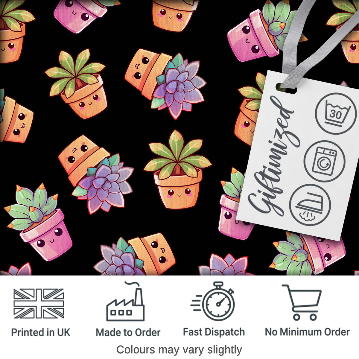 Cute Kawaii Succulent Plant Pots Black Background Seamless Pattern Digital Print Fabric by the Metre UK Sewing Quilting Textile