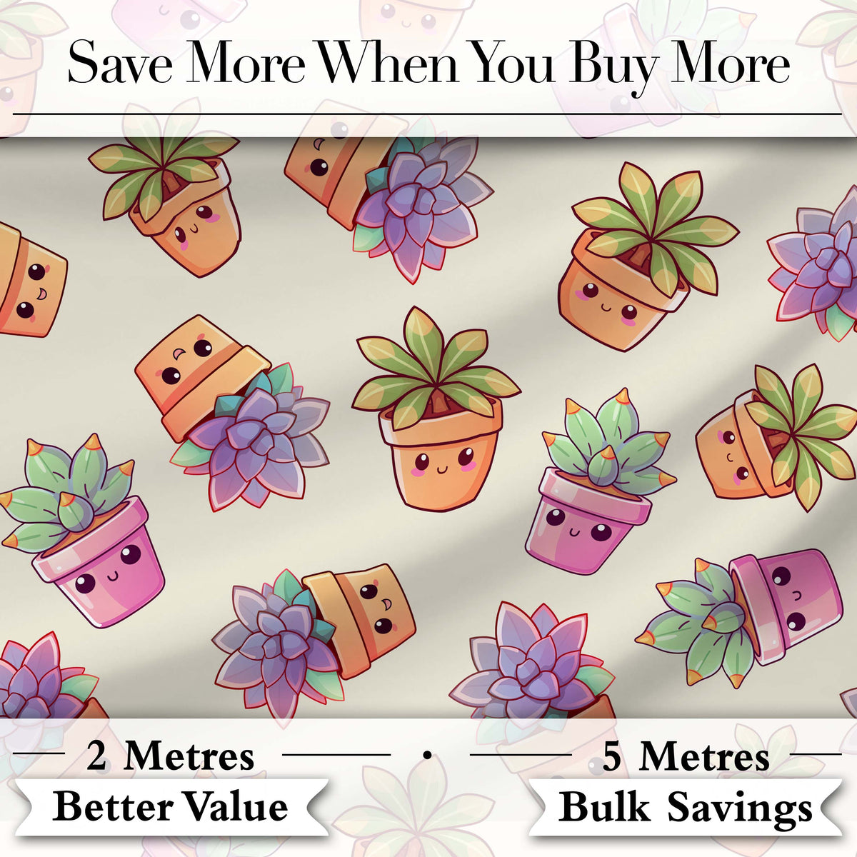 Cute Kawaii Succulent Plant Pots Light Grey Background Seamless Pattern Digital Print Fabric by the Metre UK Sewing Quilting Textile