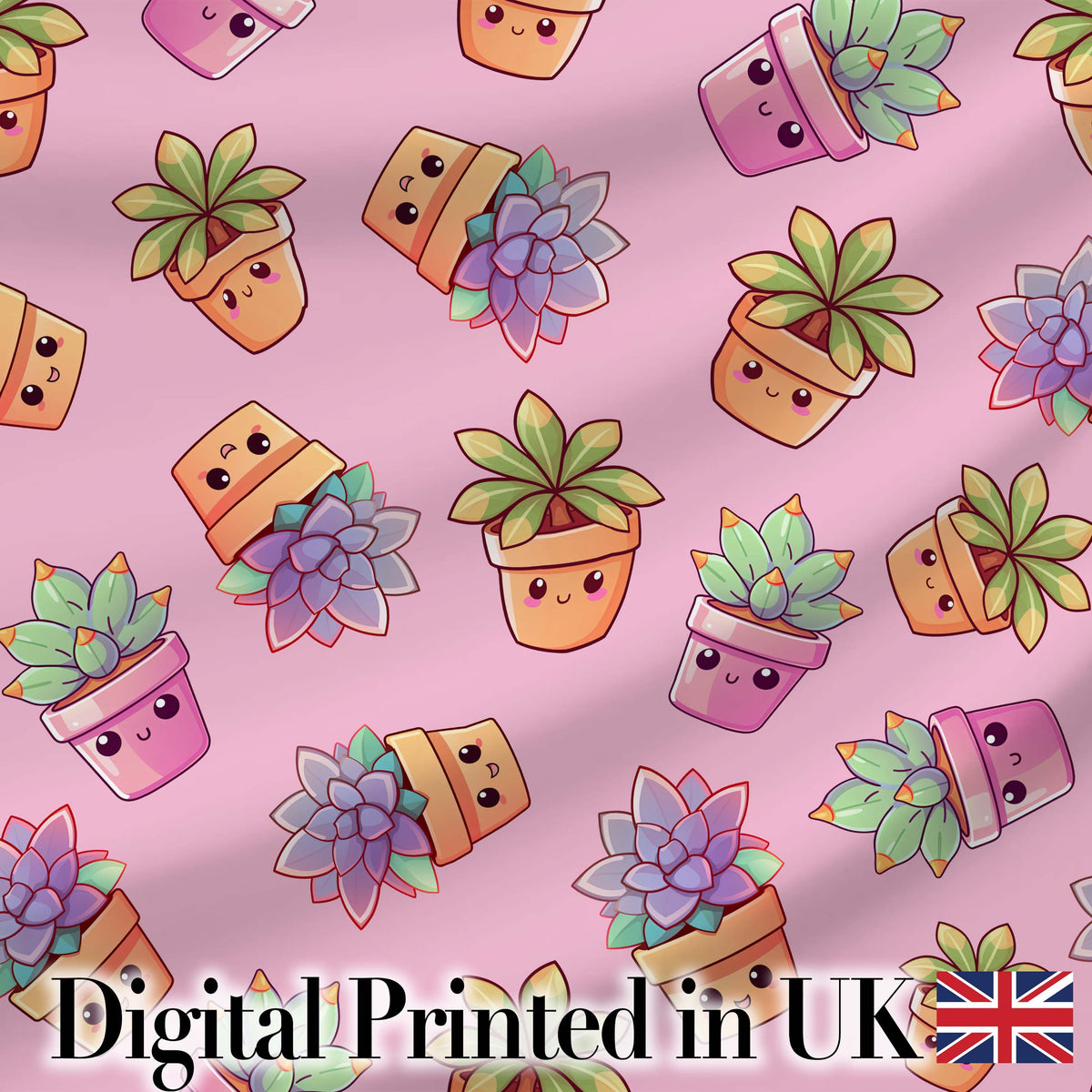 Cute Kawaii Succulent Plant Pots Purple Background Seamless Pattern Digital Print Fabric by the Metre UK Sewing Quilting Textile