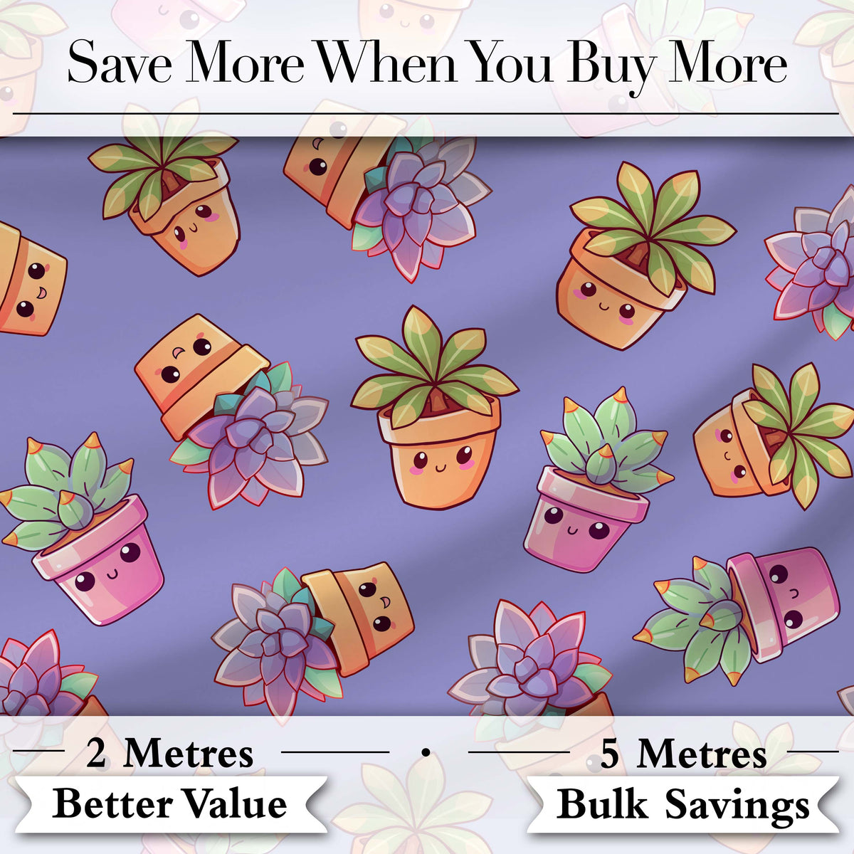 Cute Kawaii Succulent Plant Pots Lavendar Background Seamless Pattern Digital Print Fabric by the Metre UK Sewing Quilting Textile