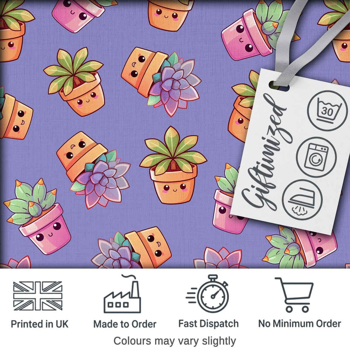 Cute Kawaii Succulent Plant Pots Lavendar Background Seamless Pattern Digital Print Fabric by the Metre UK Sewing Quilting Textile