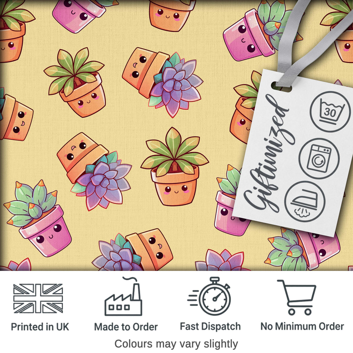 Cute Kawaii Succulent Plant Pots Soft Yellow Background Seamless Pattern Digital Print Fabric by the Metre UK Sewing Quilting Textile