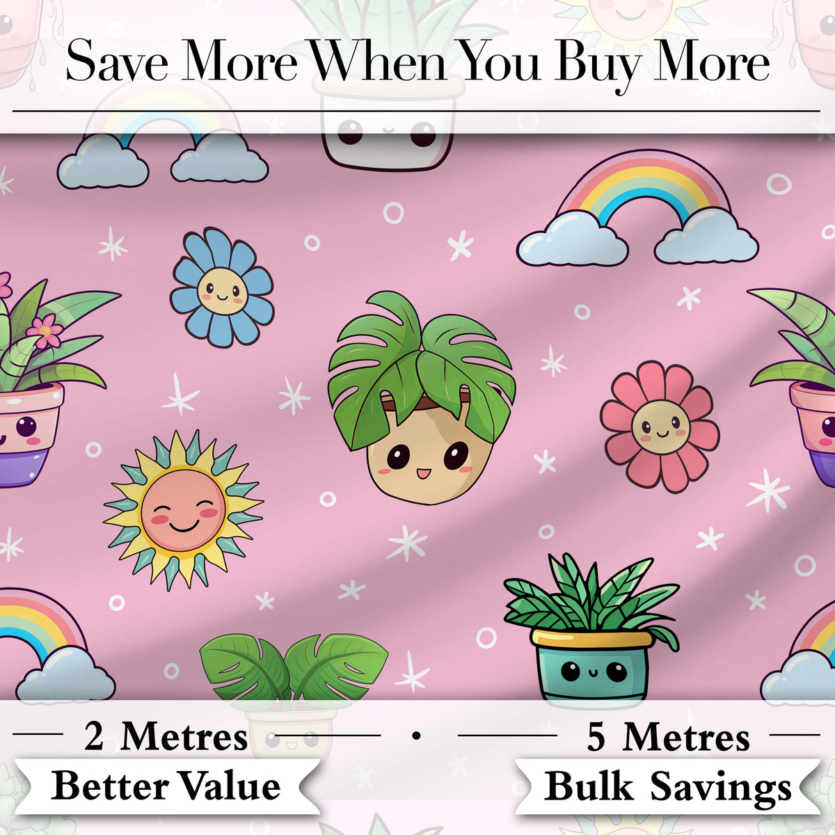 Cute Kawaii Tropical Plants Rainbow Sun Blush Pink Background Seamless Pattern Digital Print Fabric by the Metre UK Sewing Quilting Textile