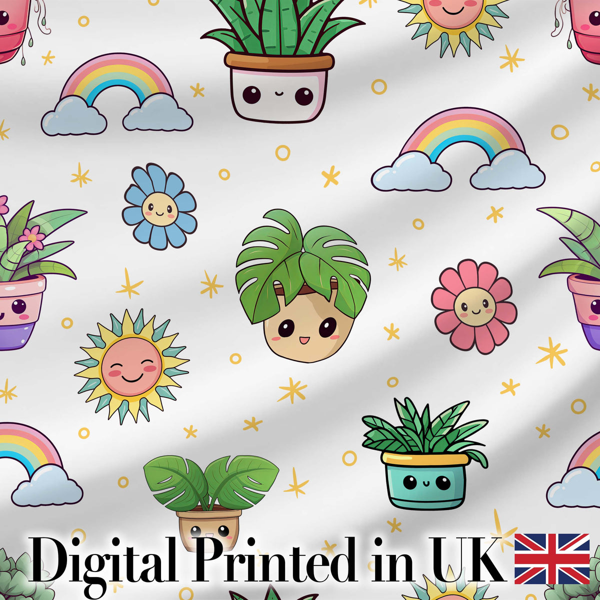 Cute Kawaii Tropical Plants Rainbow Sun Grey Background Seamless Pattern Digital Print Fabric by the Metre UK Sewing Quilting Textile
