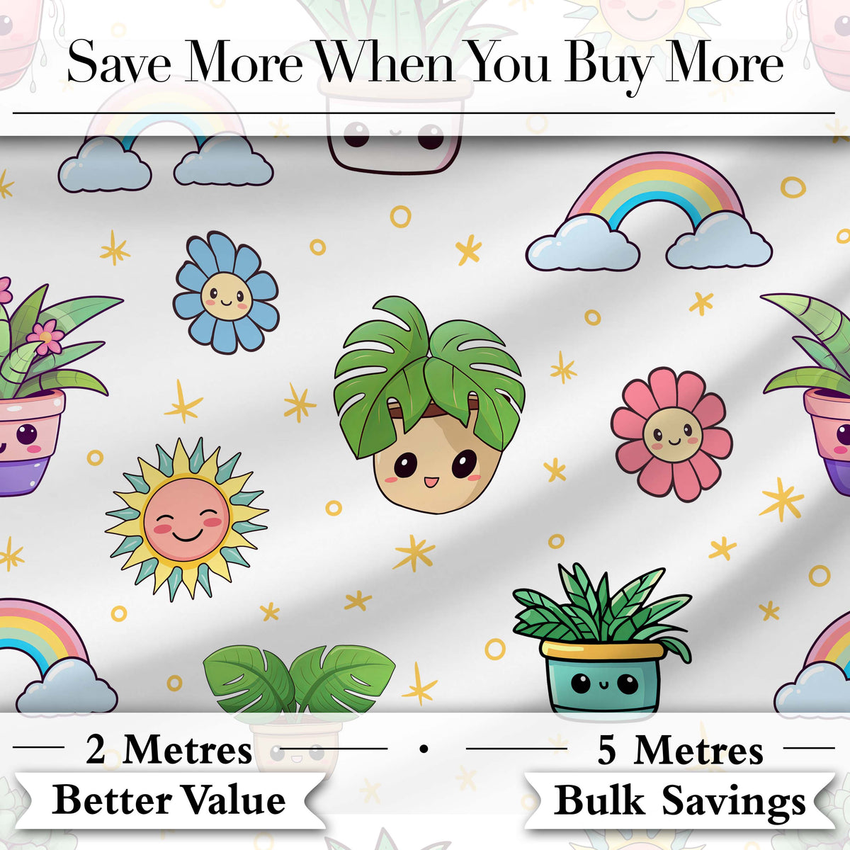 Cute Kawaii Tropical Plants Rainbow Sun Grey Background Seamless Pattern Digital Print Fabric by the Metre UK Sewing Quilting Textile