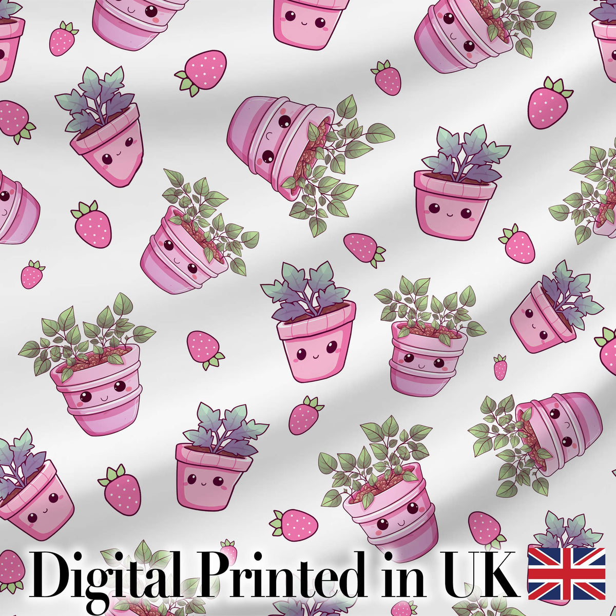 Cute Kawaii Pink Plant Pots Strawberries Seamless Pattern Digital Print Fabric by the Metre UK Sewing Quilting Textile
