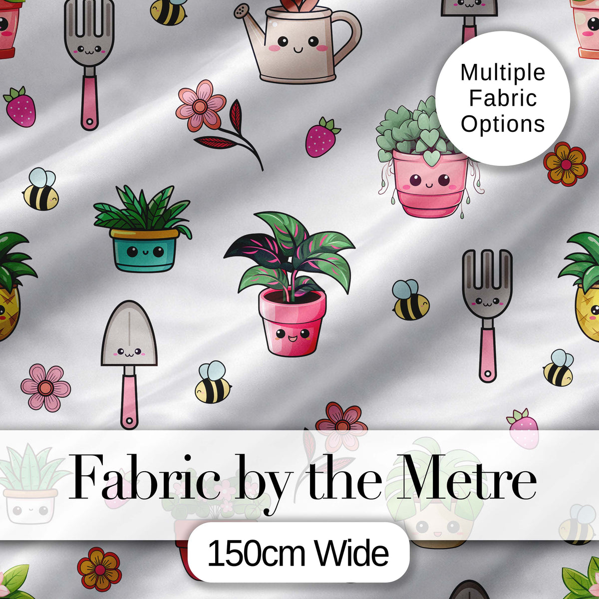 Cute Kawaii Garden Tools Plants Bees Floral Seamless Pattern Digital Print Fabric by the Metre UK Sewing Quilting Textile
