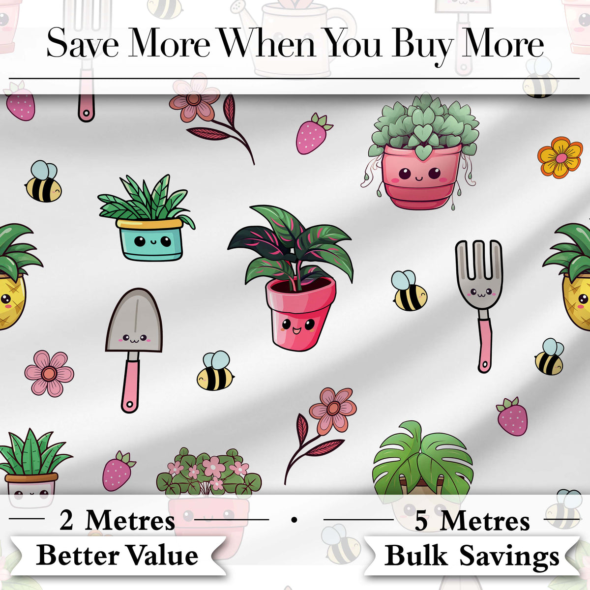 Cute Kawaii Garden Tools Plants Bees Floral Seamless Pattern Digital Print Fabric by the Metre UK Sewing Quilting Textile