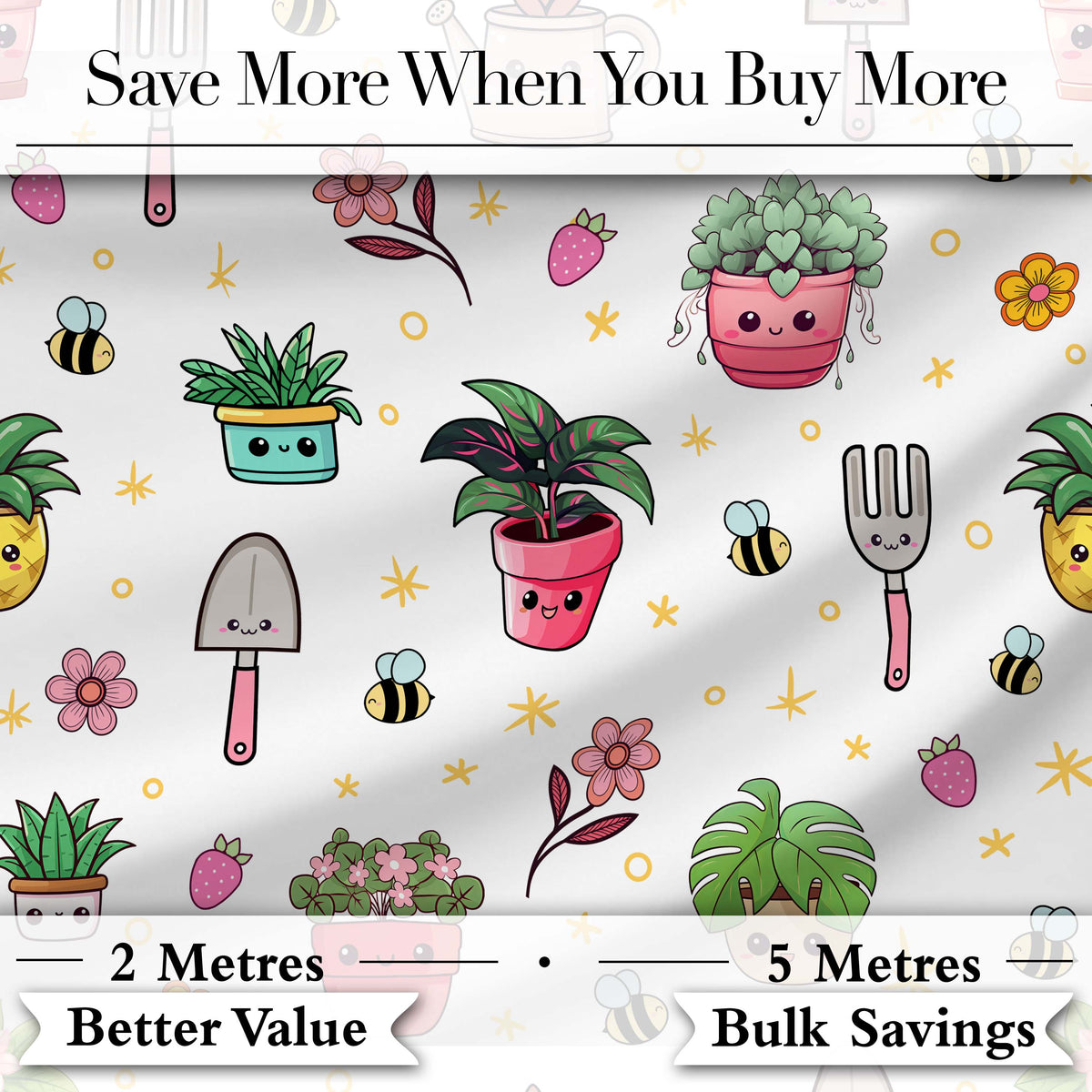 Cute Kawaii Garden Tools Plants Bees Yellow Stars Seamless Pattern Digital Print Fabric by the Metre UK Sewing Quilting Textile