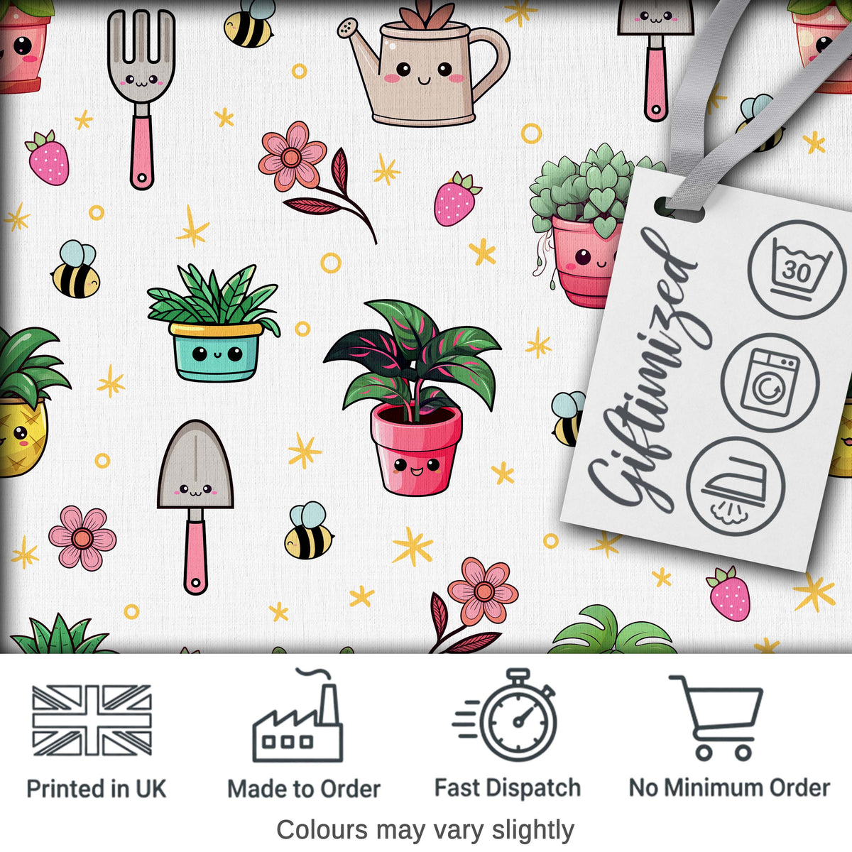 Cute Kawaii Garden Tools Plants Bees Yellow Stars Seamless Pattern Digital Print Fabric by the Metre UK Sewing Quilting Textile