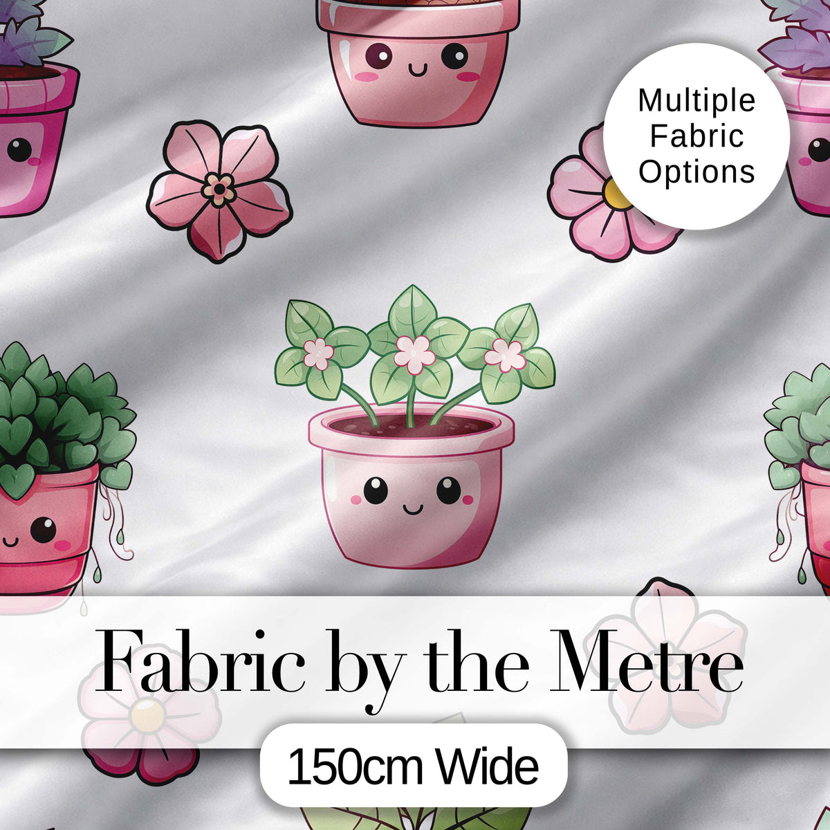 Cute Kawaii Pink Flower Pot Smiling Face Floral Seamless Pattern Digital Print Fabric by the Metre UK Sewing Quilting Textile