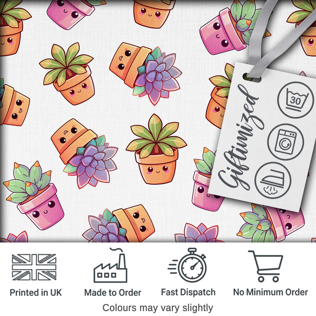 Cute Kawaii Succulent Plants Cartoon Pots Seamless Pattern Digital Print Fabric by the Metre UK Sewing Quilting Textile