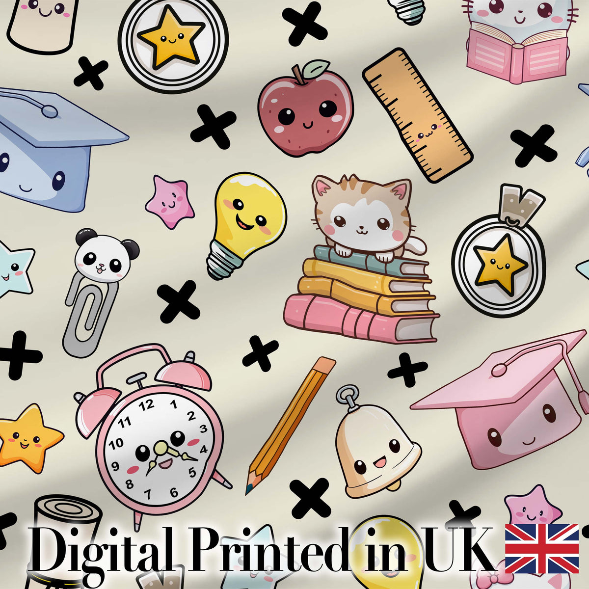 Cute Kawaii School Supplies Cat Books Apple Seamless Pattern Digital Print Fabric by the Metre UK Sewing Quilting Textile