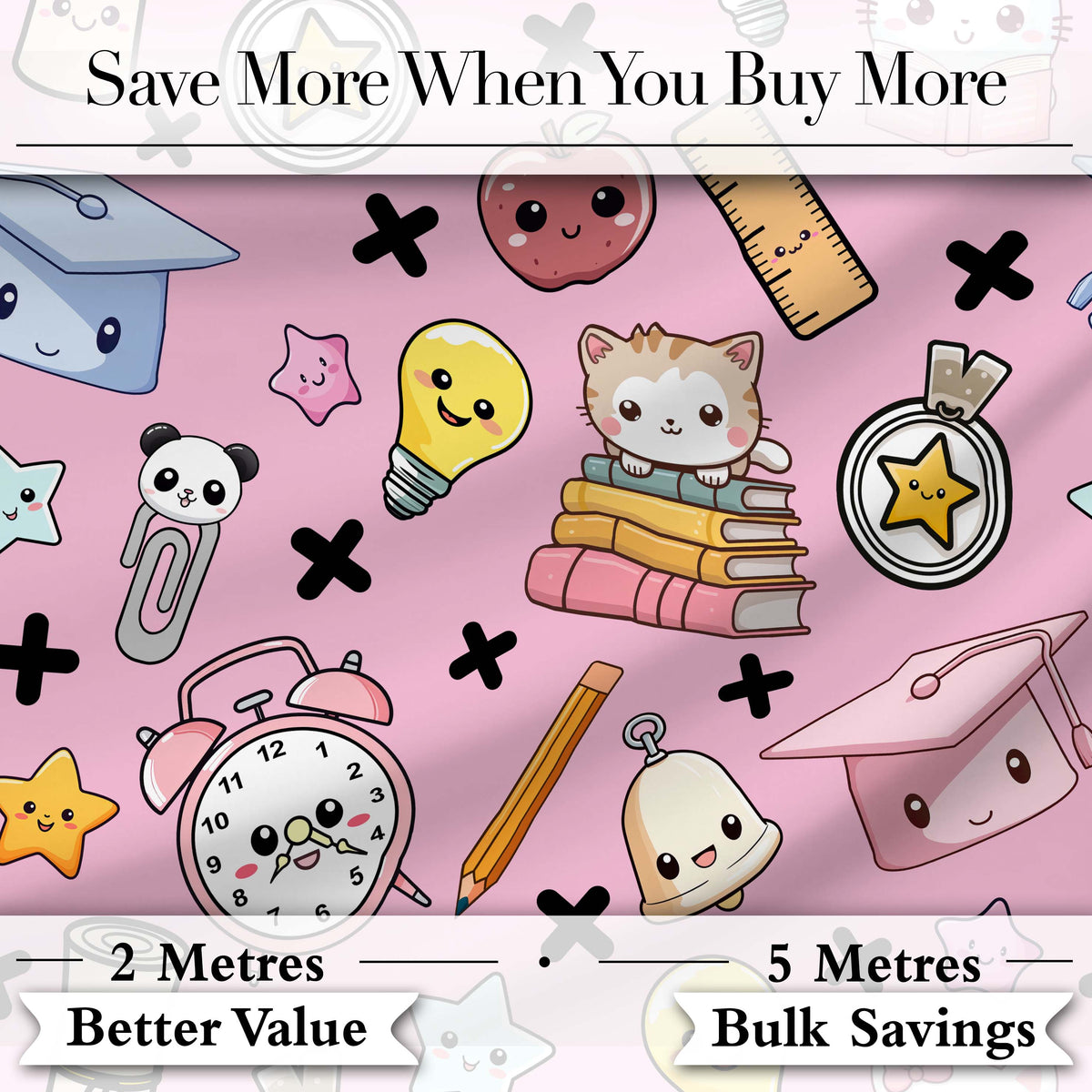 Cute Kawaii School Supplies Pink Background Seamless Pattern Digital Print Fabric by the Metre UK Sewing Quilting Textile