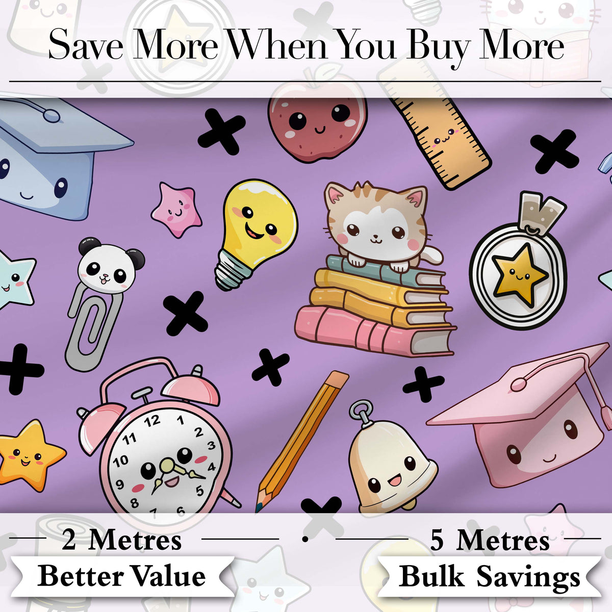 Cute Kawaii School Supplies Purple Background Seamless Pattern Digital Print Fabric by the Metre UK Sewing Quilting Textile