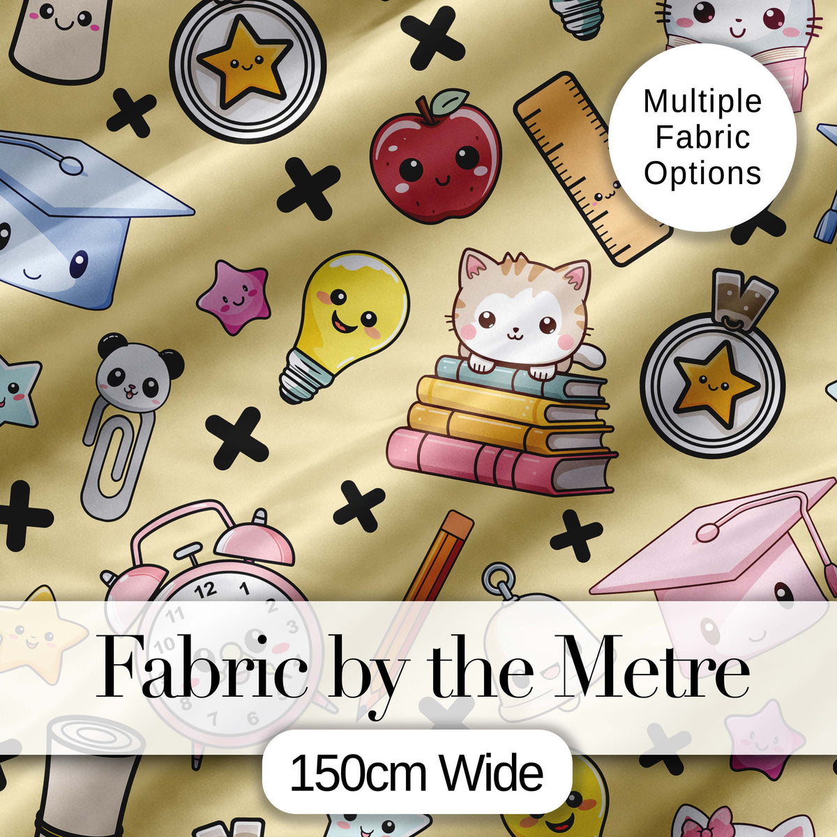 Cute Kawaii School Supplies Cat Books Beige Background Seamless Pattern Digital Print Fabric by the Metre UK Sewing Quilting Textile