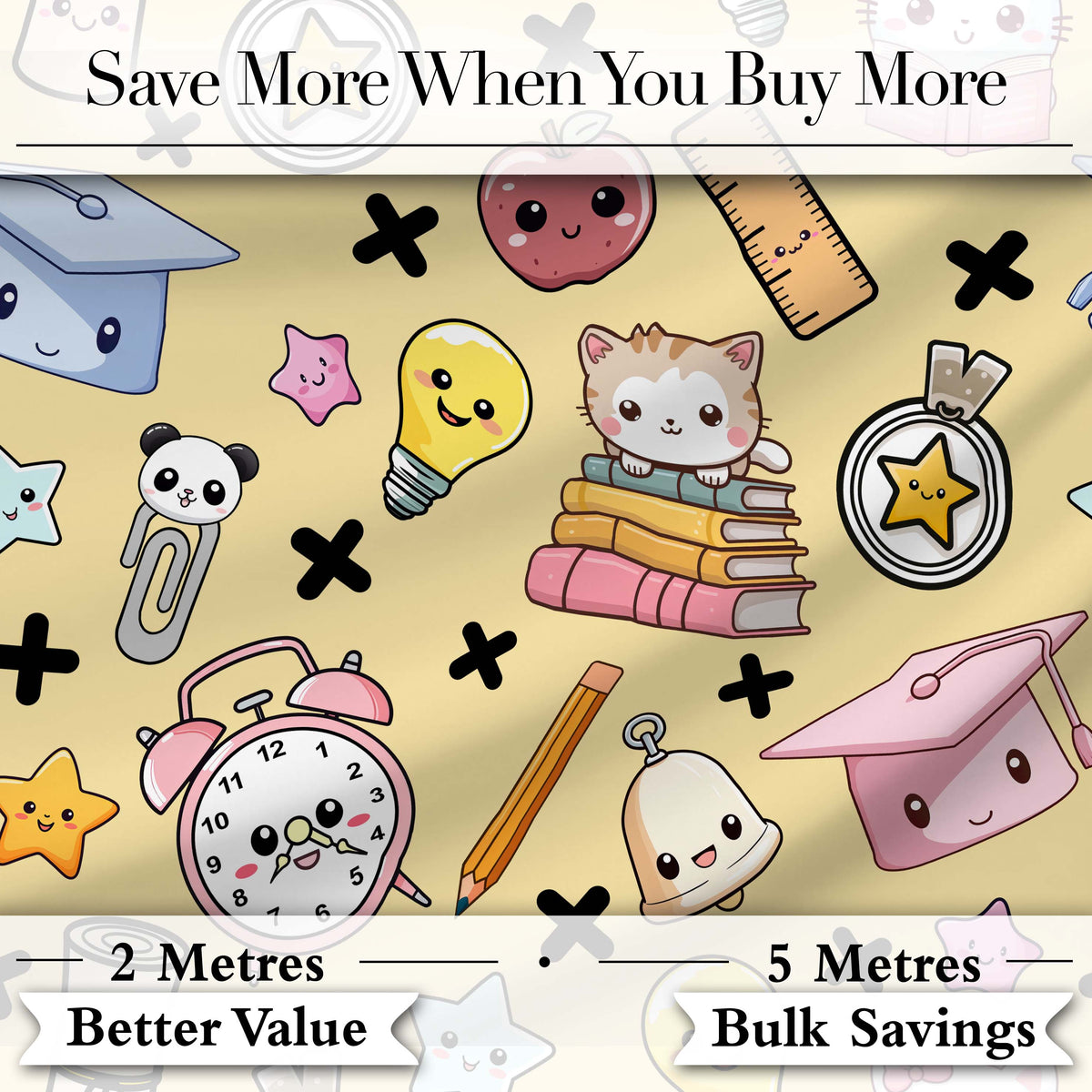 Cute Kawaii School Supplies Cat Books Beige Background Seamless Pattern Digital Print Fabric by the Metre UK Sewing Quilting Textile