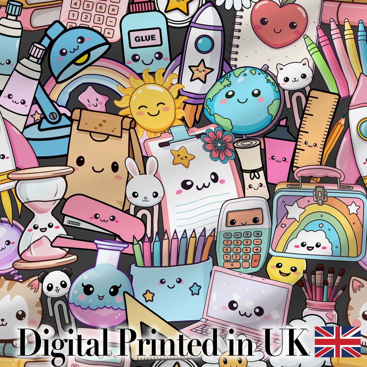 Cute Kawaii Busy School Supplies Desk Cartoon Seamless Pattern Digital Print Fabric by the Metre UK Sewing Quilting Textile