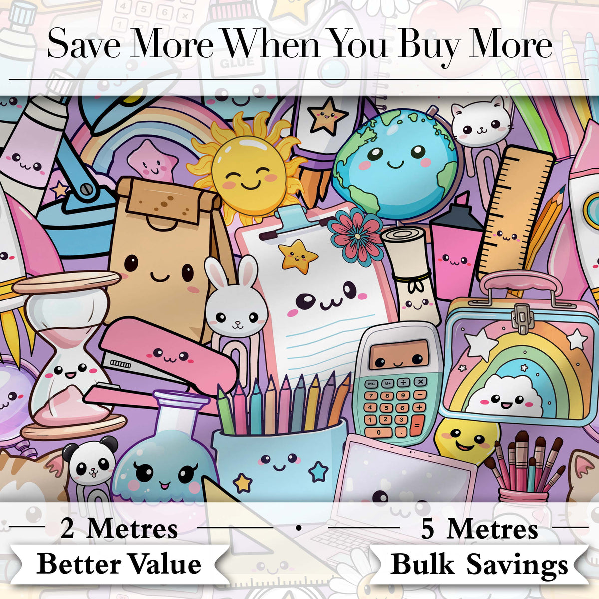 Cute Kawaii Busy School Supplies Desk Purple Background Seamless Pattern Digital Print Fabric by the Metre UK Sewing Quilting Textile