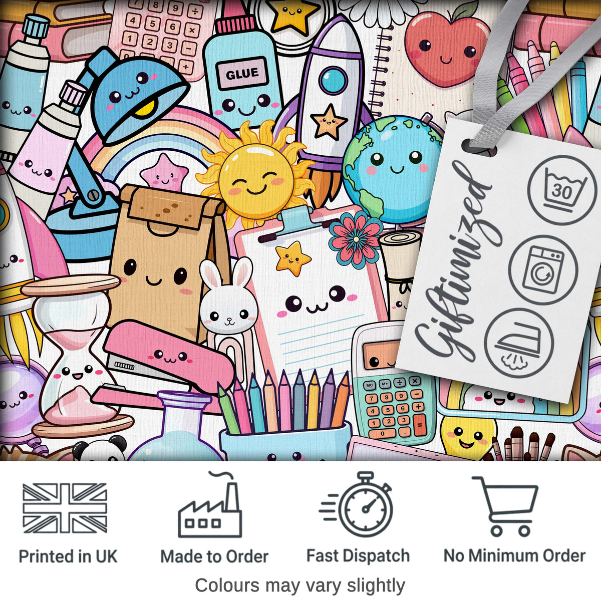 Cute Kawaii Busy School Supplies Desk Grey Background Seamless Pattern Digital Print Fabric by the Metre UK Sewing Quilting Textile
