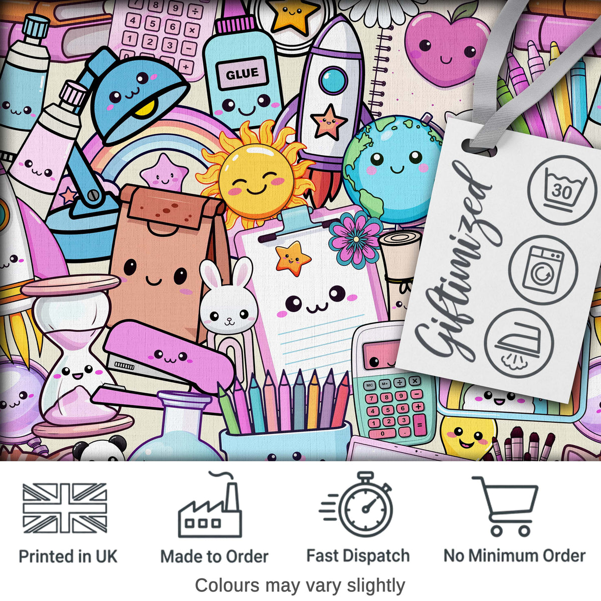 Cute Kawaii School Supplies Desk Rainbow Sun Globe Cream Seamless Pattern Digital Print Fabric by the Metre UK Sewing Quilting Textile