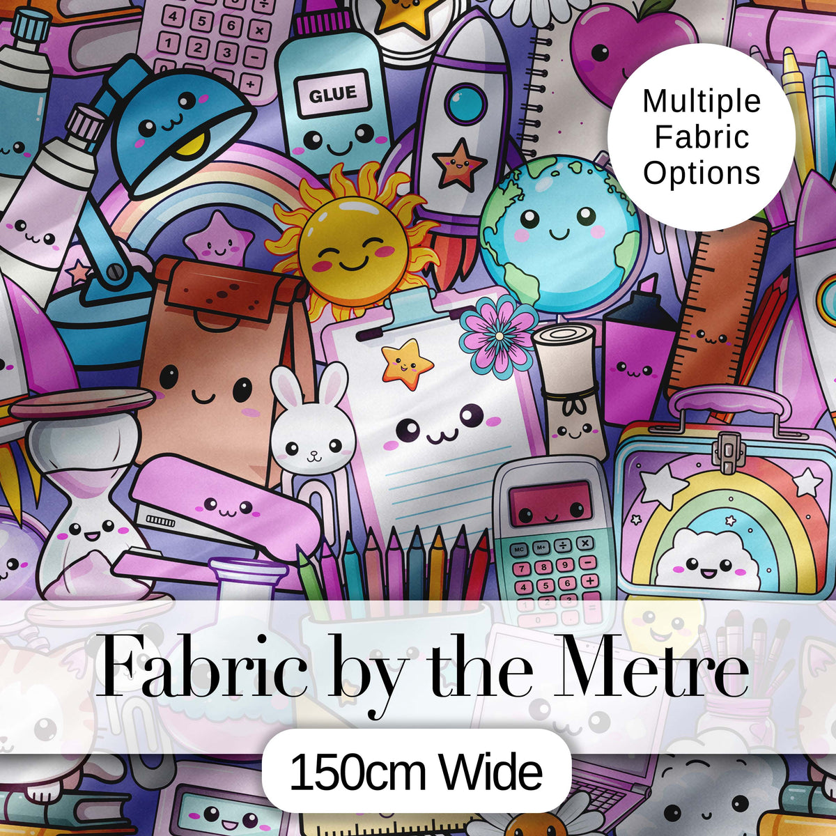 Cute Kawaii School Supplies Desk Rainbow Sun Globe Purple Seamless Pattern Digital Print Fabric by the Metre UK Sewing Quilting Textile