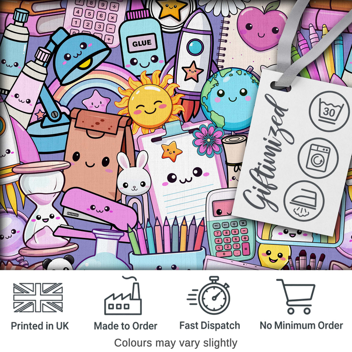 Cute Kawaii School Supplies Desk Rainbow Sun Globe Purple Seamless Pattern Digital Print Fabric by the Metre UK Sewing Quilting Textile