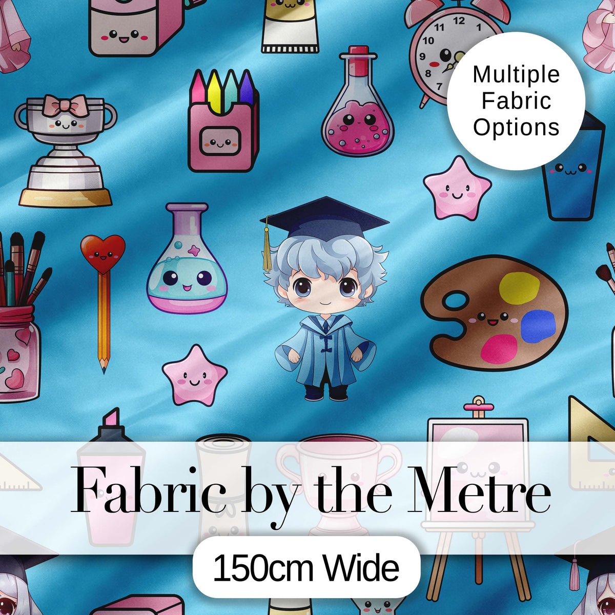 Cute Kawaii Graduation Student Art Supplies Blue Seamless Pattern Digital Print Fabric by the Metre UK Sewing Quilting Textile